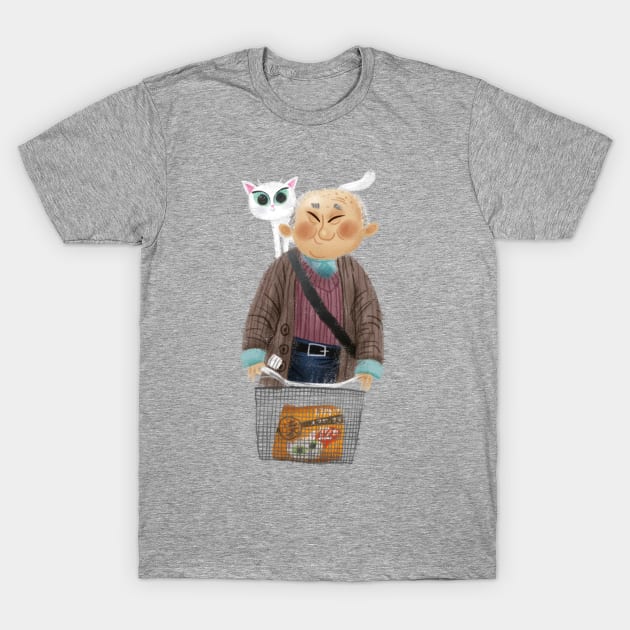 Old chinese man with cat on a bike. T-Shirt by Geeksarecool